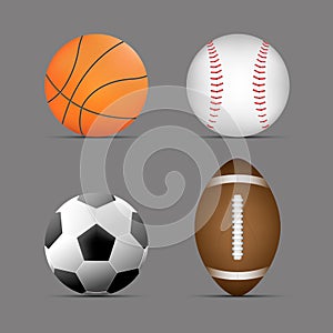 Basketball ball, football / soccer ball, rugby / american football ball, baseball ball with gray background.set of sports balls.