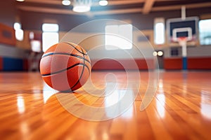 Basketball ball in gym, copy space, close up, orange bakground