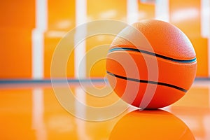 Basketball ball in gym, copy space, close up, orange bakground