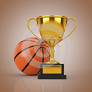 Basketball Ball near Golden Award Trophy Cup. 3d Rendering