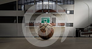 Basketball ball placed on court floor in the basketball gym