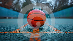 A basketball ball positioned on top of a basketball court surface.