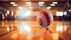 basketball ball sitting on top of a hardwood floor next to basketball hoops