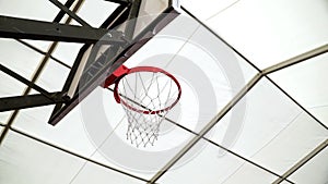 Basketball ball successfully flying into basketball ring