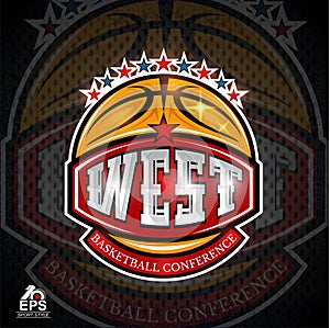 Basketball ball with text west conference on red baner. Vector sport logo