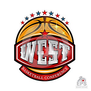 Basketball ball with text west conference on red baner. Vector sport logo isolated on white