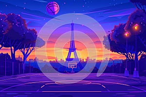 Basketball ball on vibrant sunset sky with Eiffel Tower background. Olympic Games Paris.