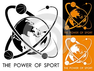 Basketball balls revolve around planet earth in form of atom. Power and energy of sport. Sport competition emblem. Vector