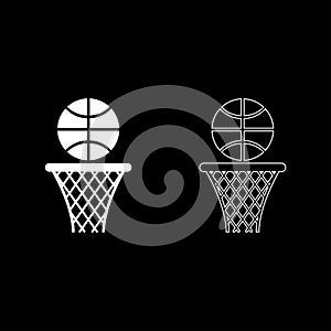 Basketball basket and ball Hoop net and ball icon outline set white color vector illustration flat style image