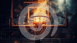 Basketball basket in the fire. Blurred background for sporting events