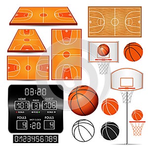 Basketball basket, hoop, ball, scoreboard with numbers, fields on white background