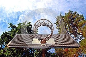 Basketball basket seen from below