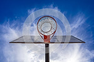 Basketball basket seen from below with the blue sky