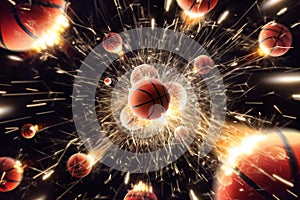 Basketball. Basketball balls with fire sparks in action. Black isolated