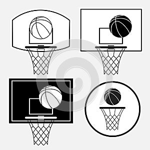 Basketball black basket, hoop, ball on white background photo