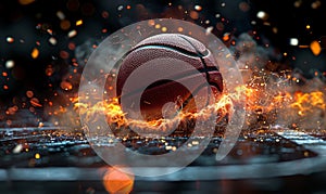 Basketball bouncing on the floor with hot sparks and gold glitter - soft focus bokeh background