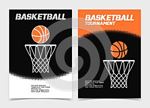 Basketball brochure or web banner design with ball and hoop icon photo