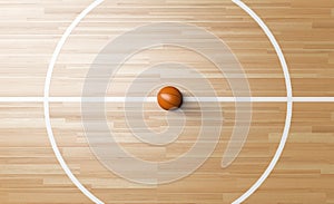 Basketball at the center of Wooden Court 3D rendering