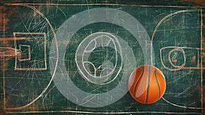 Basketball on a chalkboard with strategic play diagrams and an email symbol drawn in chalk