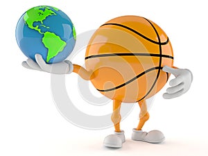 Basketball character holding world globe