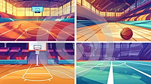 A basketball court and athletic track banner. Modern illustration of an empty stadium, running lane, and playfield with