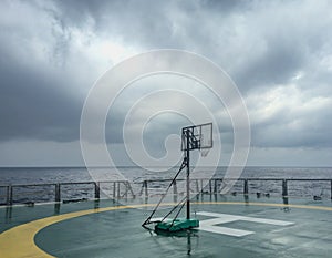 Basketball court backboard on helideck in seismic vessel ship in Andaman Sea