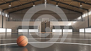 Basketball court with ball, hoop and tribune mockup, front view