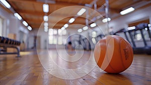 Basketball court with ball hoops rims hardwood floor and lights for competition game