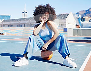 Basketball court, fashion and portrait of black woman with smile in trendy, urban style and edgy clothes in city. Sports