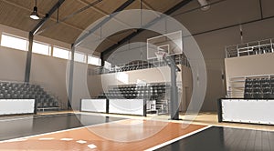 Basketball court with hoop and tribune mockup, side view