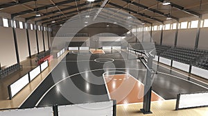 Basketball court with hoop and tribune mockup, top view