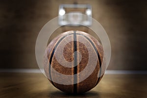 Basketball on Court with Hoops Rim Hardwood Floor Lights