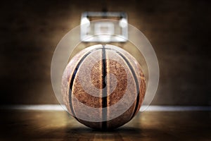 Basketball on Court with Hoops Rim Hardwood Floor Lights