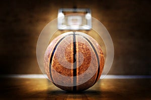 Basketball on Court with Hoops Rim Hardwood Floor Lights