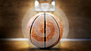 Basketball on Court with Hoops Rim Hardwood Floor Lights