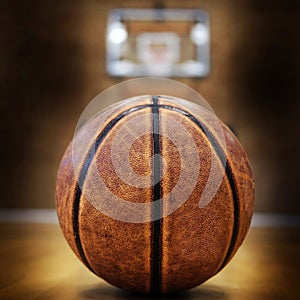 Basketball on Court with Hoops Rim Hardwood Floor Lights