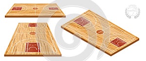 Basketball court in isometric with wooden parquet flooring and markings lines. Outline basketball playground top view. Sports