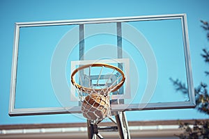 Basketball court net, point score and sports playing game, competition and action match outdoor. Background hoop winning