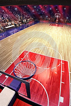 Basketball court with people fan. Sport arena.Photoreal 3d render background. blured in long shot distancelike leans optical