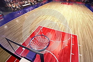 Basketball court with people fan. Sport arena.Photoreal 3d render background. blured in long shot distancelike leans optical