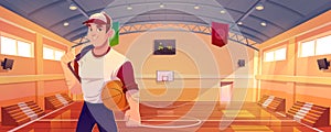 Basketball court with player, tribune and basket