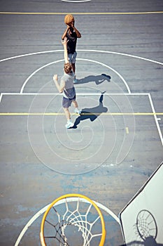 Basketball court players point score, team sports playing game and shooting in net with aim to win competition, match