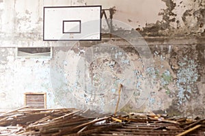 Basketball court in ruined school in Pripyt, Chernobyl zone