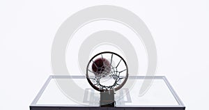 Basketball court, silhouette and man with basket jump trick at sports training practice mock up. Low angle of black male