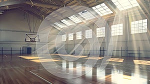 Basketball court in a vacant school gym, illuminated by sunlight from above. Spacious gym. Concept of scholastic sports