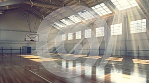 Basketball court in a vacant school gym, illuminated by sunlight from above. Spacious gym. Concept of scholastic sports photo