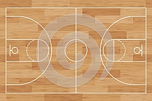 Basketball court. Wooden floor. background painted with line and basket. Basketball field. Sport play. Overhead view. Texture with