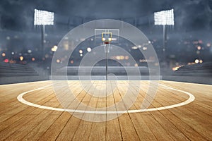 Basketball court with wooden floor, lights reflectors, and tribune