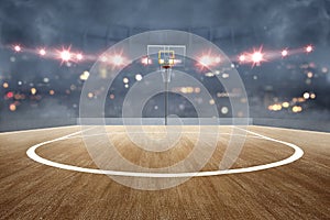 Basketball court with wooden floor and spotlights