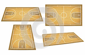 Basketball court with wooden floor. View from above and perspective, isometric view